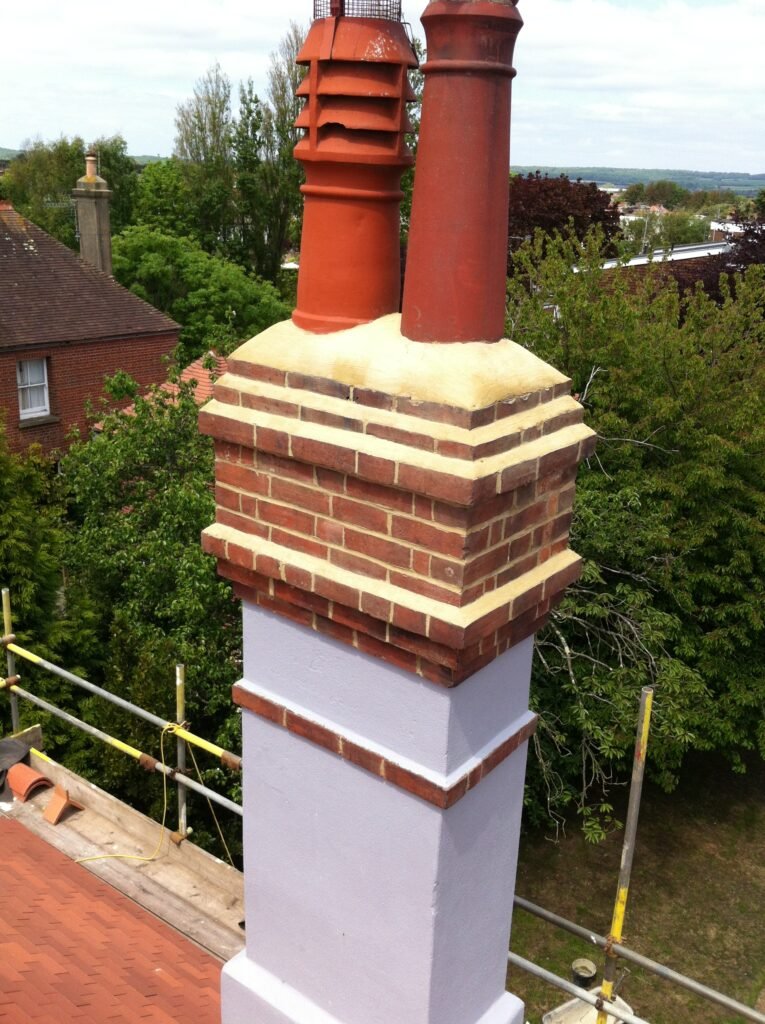 Close view of brick chimney and lead flashing